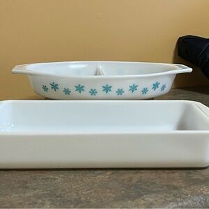 Vintage Pyrex Blue Snowflake Divided Casserole and White Pyrex Casserole Dishes